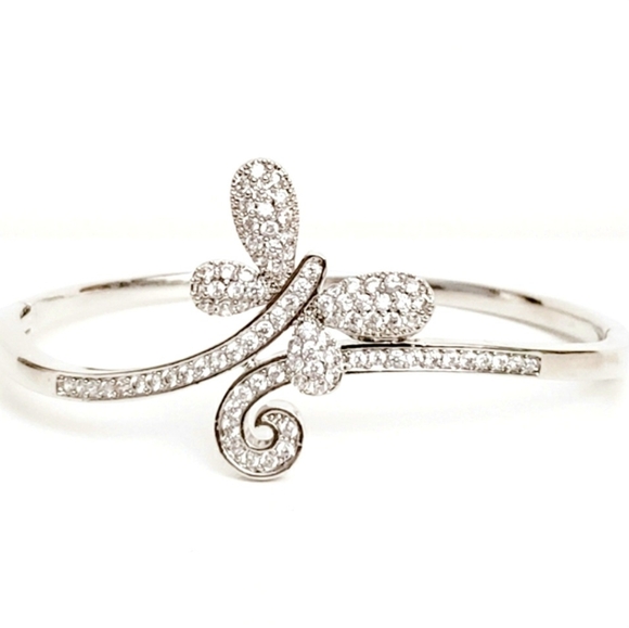 Silver Pave Rhinestone Butterfly Encrusted Clamper Bracelet Dainty & Elegant - Picture 7 of 7
